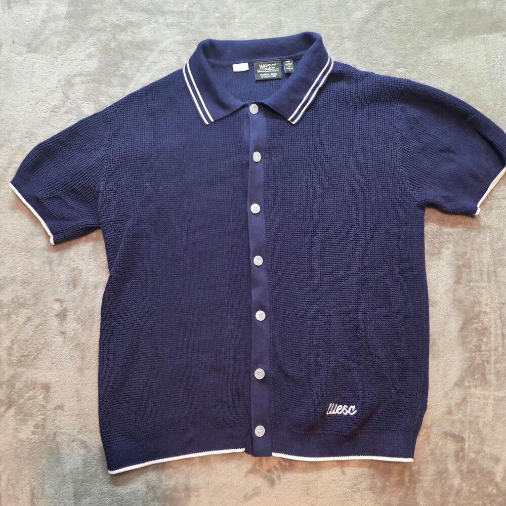 WeSC Button Up Shirt Mens S Blue Knit Short Sleeve Contrast Trim Embroidered